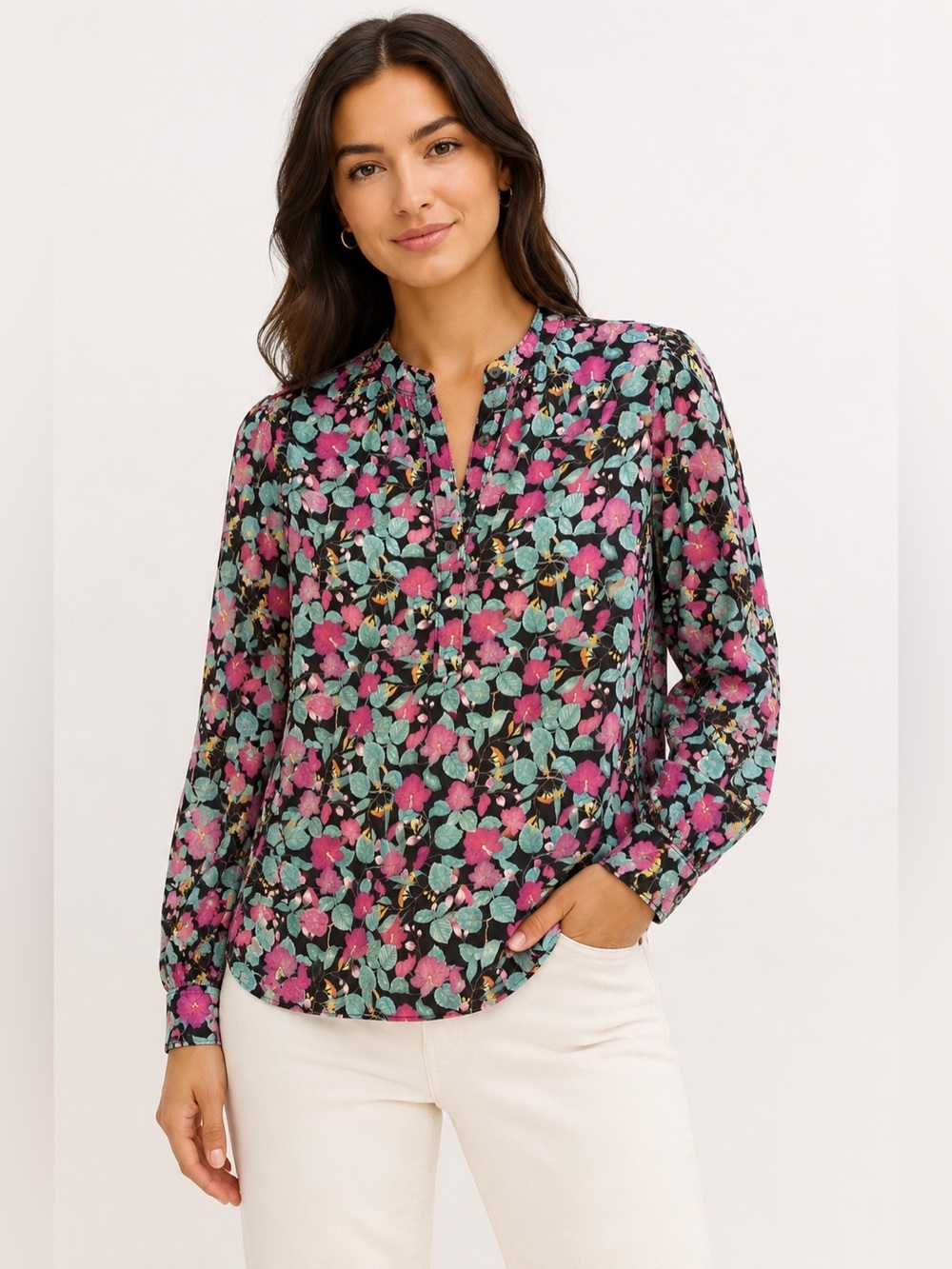 Roller Rabbit Manusa Glenda Grandma-chic Floral Popover with Balloon Sleeves